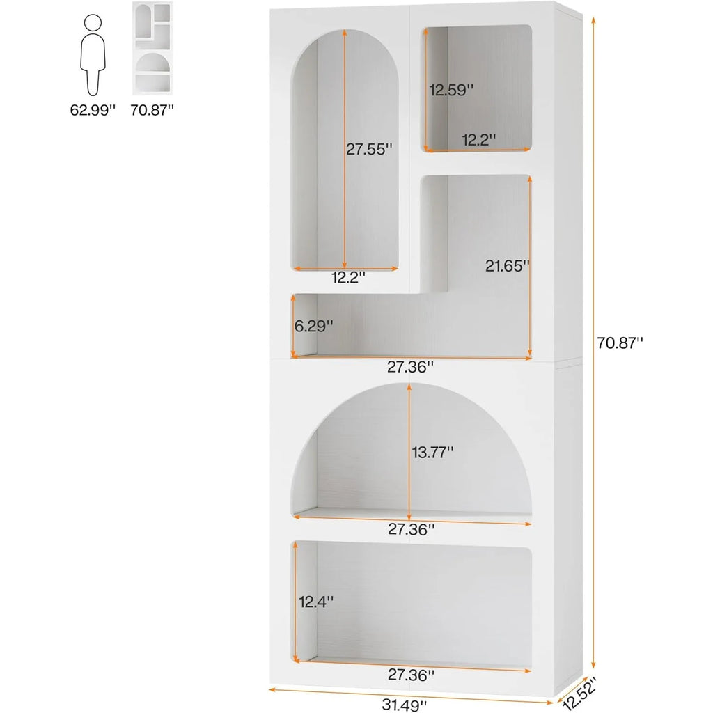 70.87" Tall Geometric Bookshelf, White Arched Bookcase with 5 Irregular Storage Shelves,Free-Standing for Living Room, Bedroom