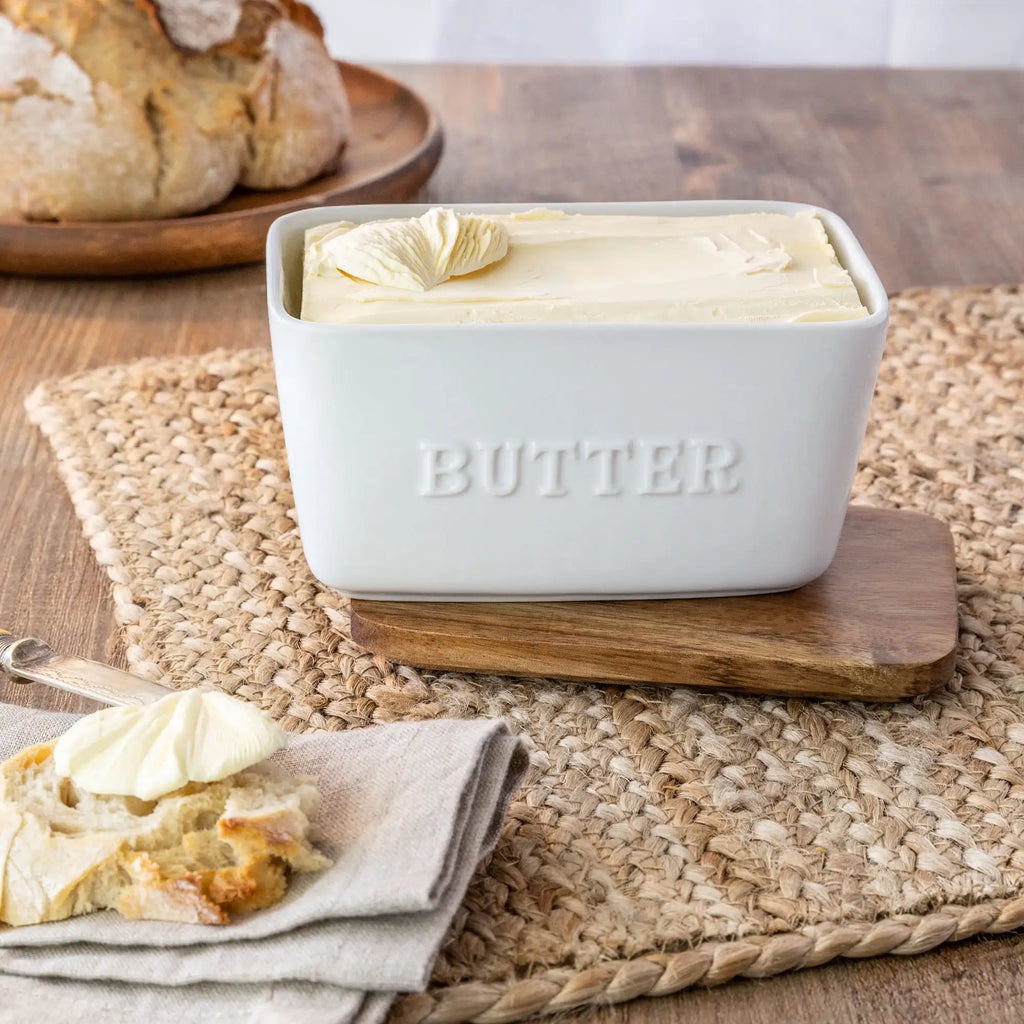 Butter Dish, Acacia & White Porcelain Embossed