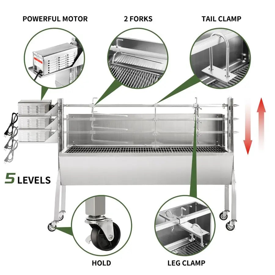 Charcoal Grill, Electric Spit Roaster Stainless Steel w/ Adjustable Height