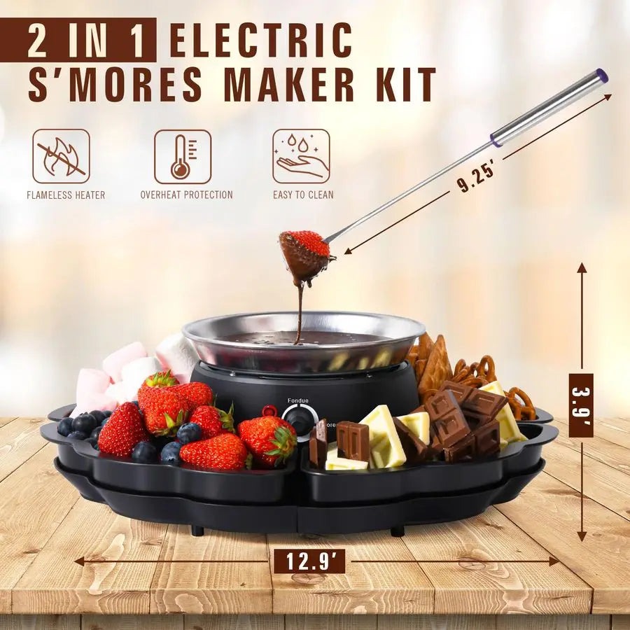 Fondue Set, Smores Maker Electric Tabletop Indoor Kit, 4 Trays & Forks