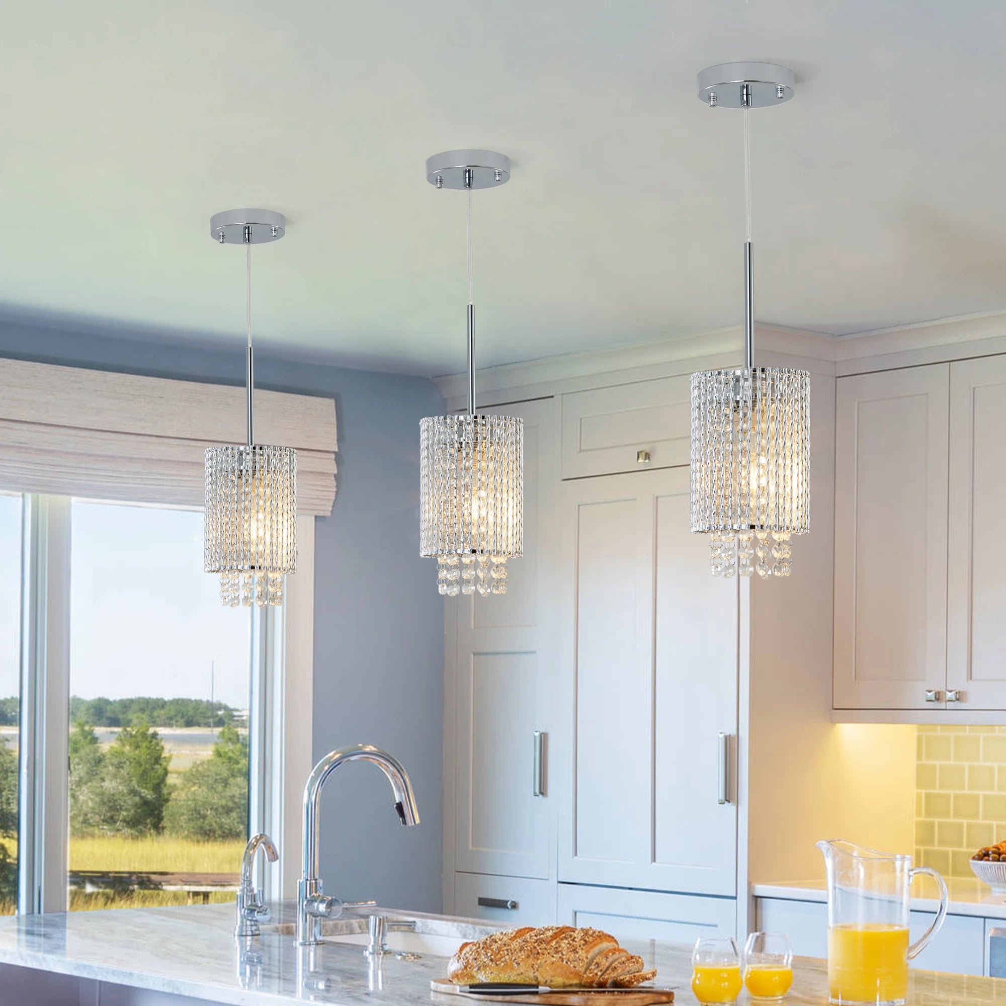 ARLGSITE Luxury Modern Crystal Pendant Light 3-Pack Adjustable Chrome Hanging Ceiling Fixture with Clear Beads, Elegant Design