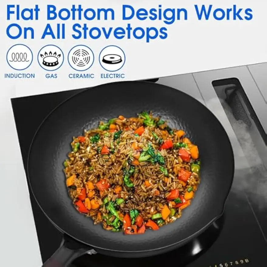 Wok w/  Wood Lid & Utensil, 12.5 In Steel for Electric, Induction