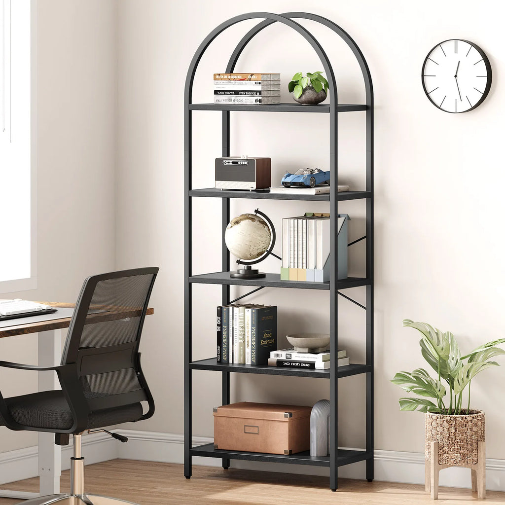 5-Tier Arched Bookshelf, 180cm Tall Industrial Open Bookcase, Freestanding Display Rack Metal Wooden Storage Shelving Units