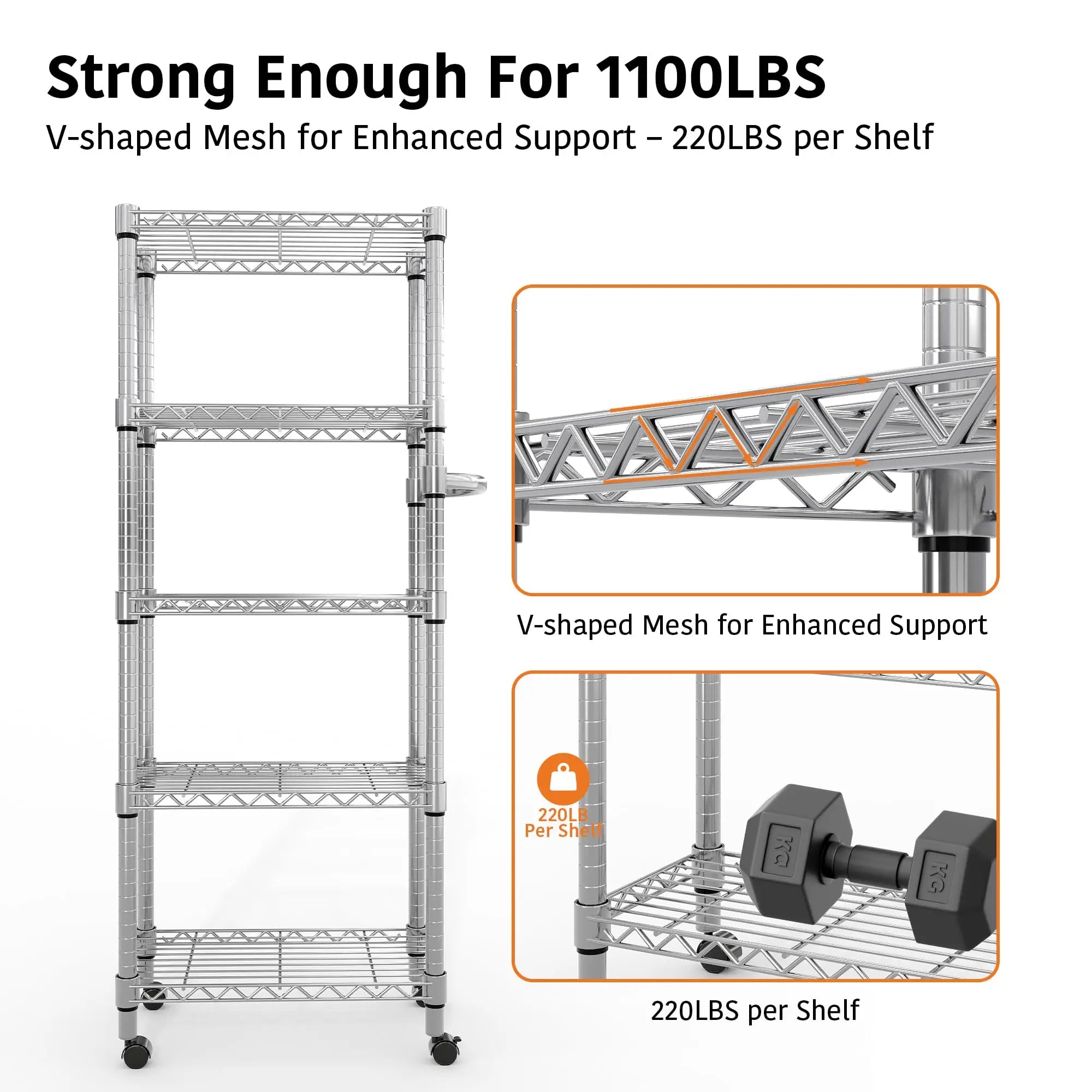 5-Tier Heavy Duty Storage Shelves 1100 LBS Metal Wire Rack Shelving with Lockable Wheels, 61" H Rolling Storage Rack for Kitchen
