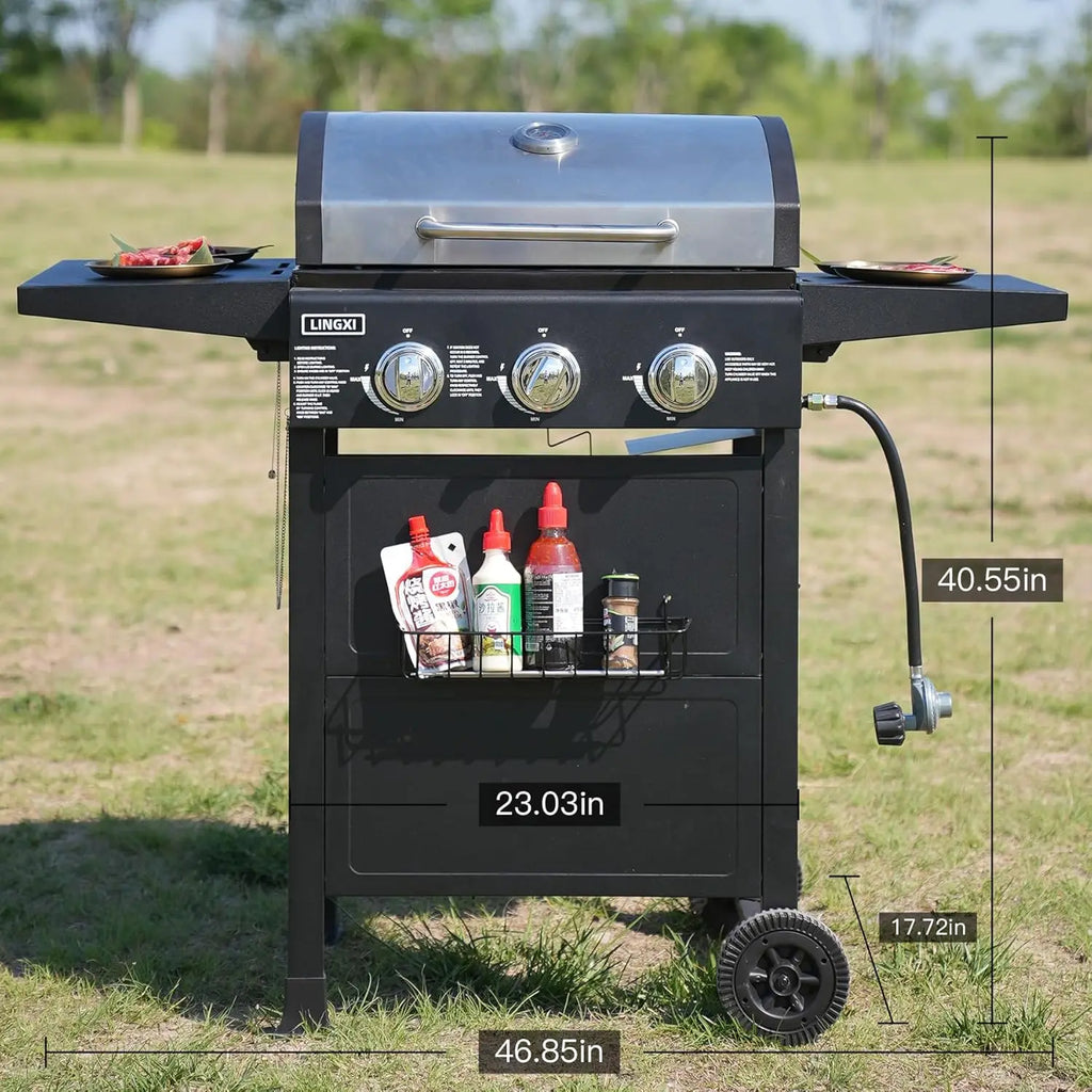 gas grills propane 3-Burner Propane Grill, Gas Grill with front hanging basket, Asadores De Gas.30000 BTU barbecue, Customized
