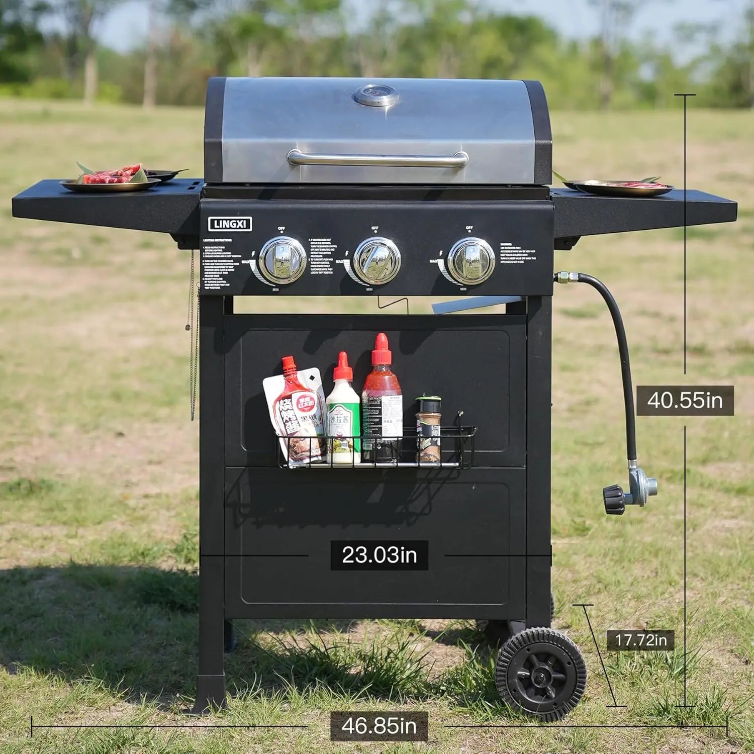 gas grills propane 3-Burner Propane Grill, Gas Grill with front hanging basket, Asadores De Gas.30000 BTU barbecue, Customized