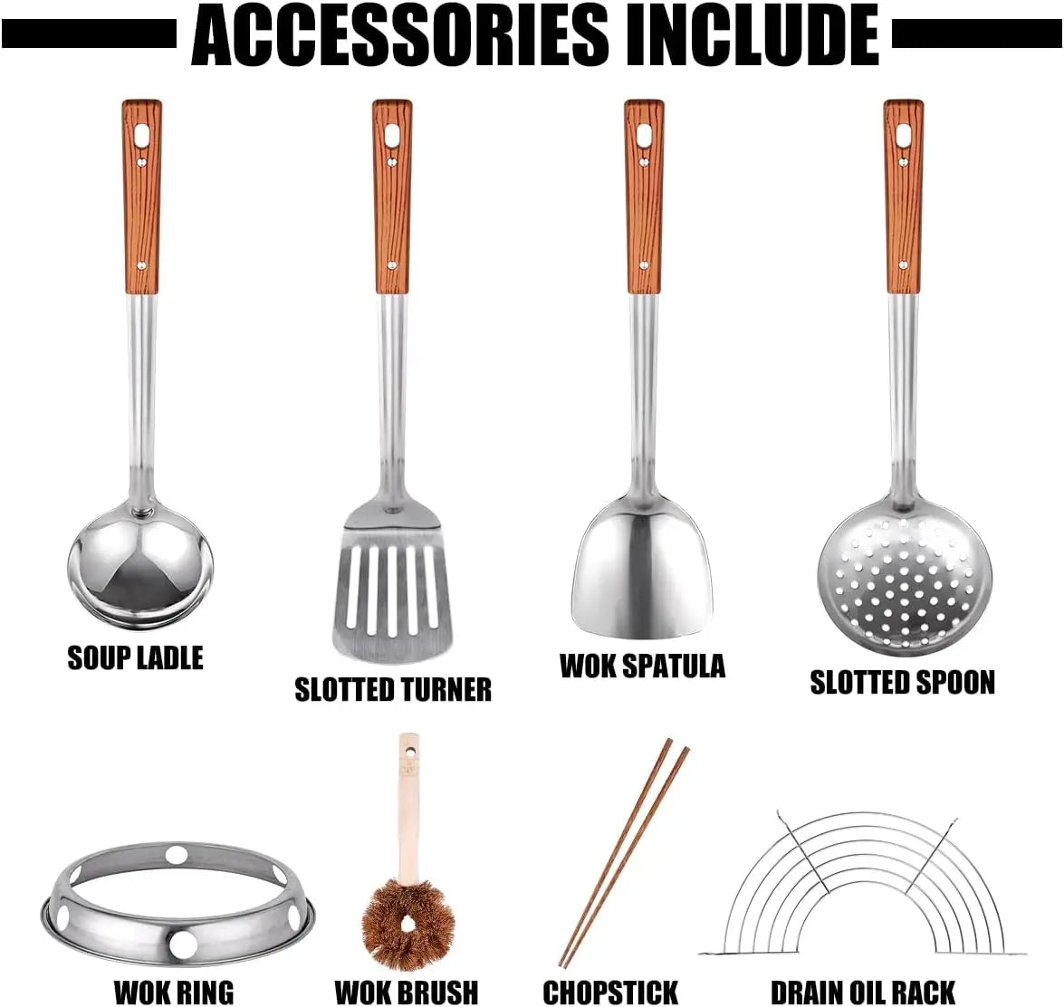 Wok Pan w/ 8 Accessories, 13.4 Steel Round Bottom