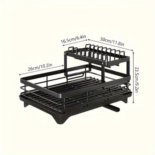 2-Layer Elevated Capacity Drain Rack with Water Tray Rust-Proof Dish Organizer for 4-6 Family Home Commercial Kitchens