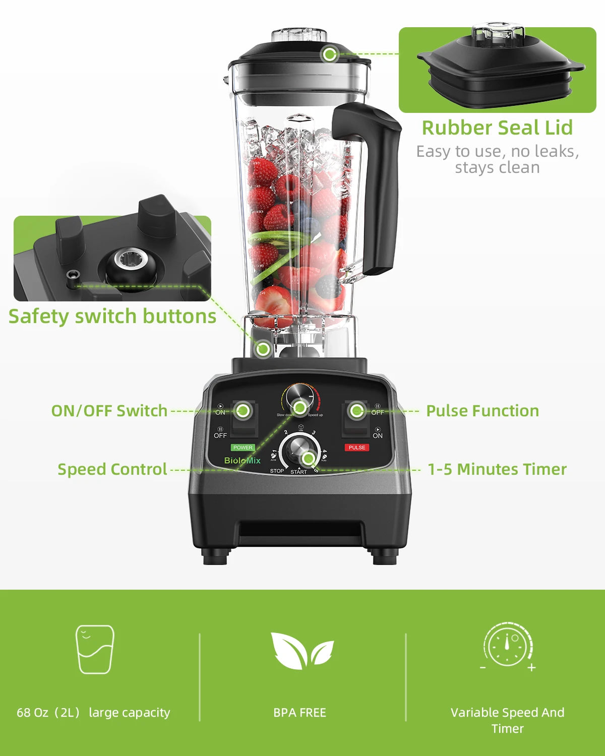 Blender Mixer Juicer, Timer2L Fruit Food Processor Ice Smoothies BPA Free