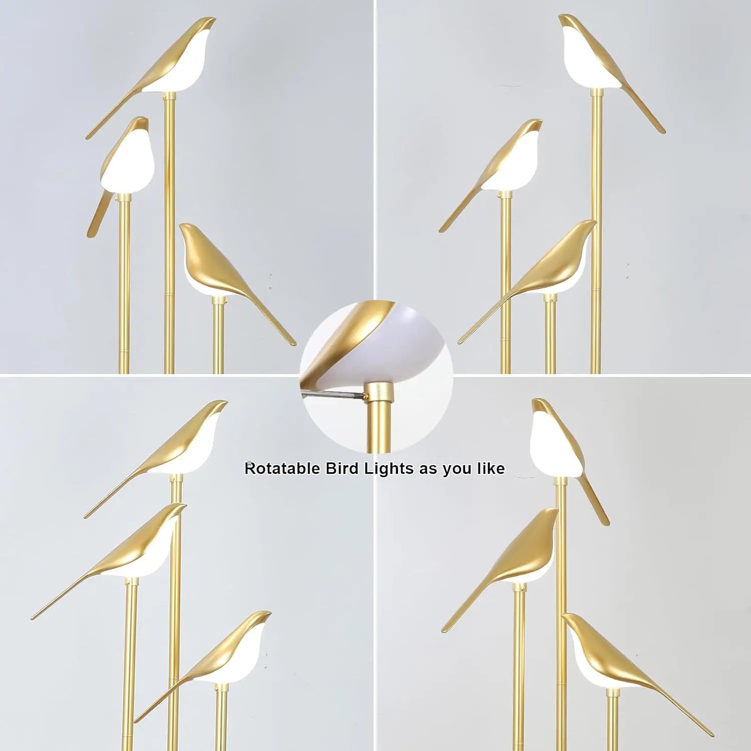 Floor Lamp w/ LED Bird Lights Wood Shelf Gold