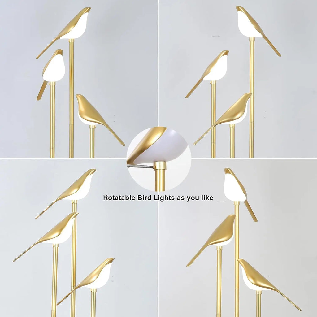 Floor Lamp w/ LED Bird Lights Wood Shelf Gold