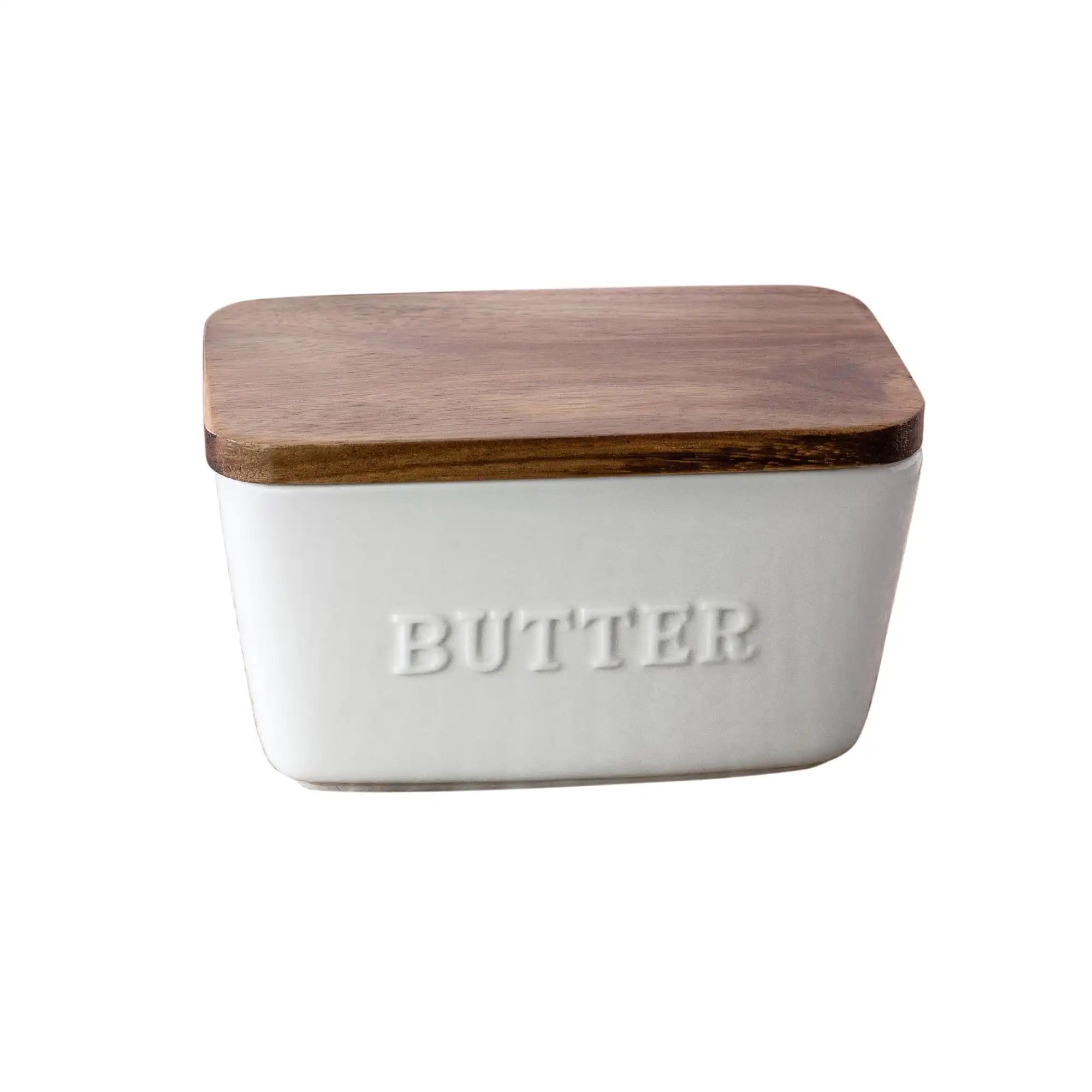 Butter Dish, Acacia & White Porcelain Embossed