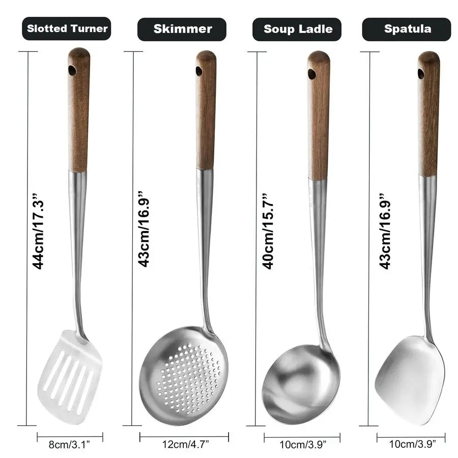 Wok Utensils, Stainless Steel 4 Pieces 17 Inch Wood Handle