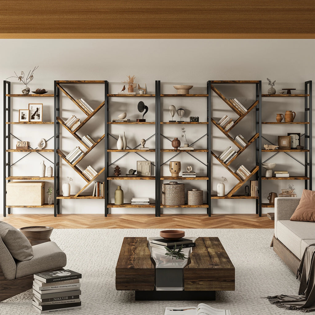 Triple 5 Tier Bookshelf, Large Wooden Bookcase with 17 Open Display Shelves, Modern Tree Book Shelf Metal Frame Tall Bookshelves