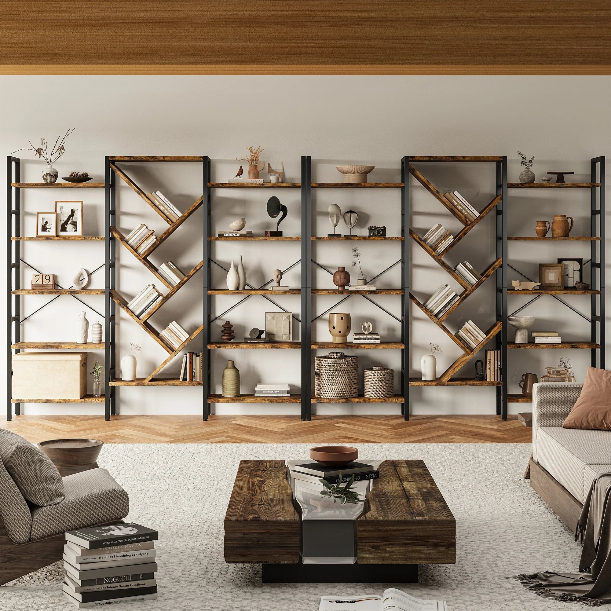 Triple 5 Tier Bookshelf, Large Wooden Bookcase with 17 Open Display Shelves, Modern Tree Book Shelf Metal Frame Tall Bookshelves
