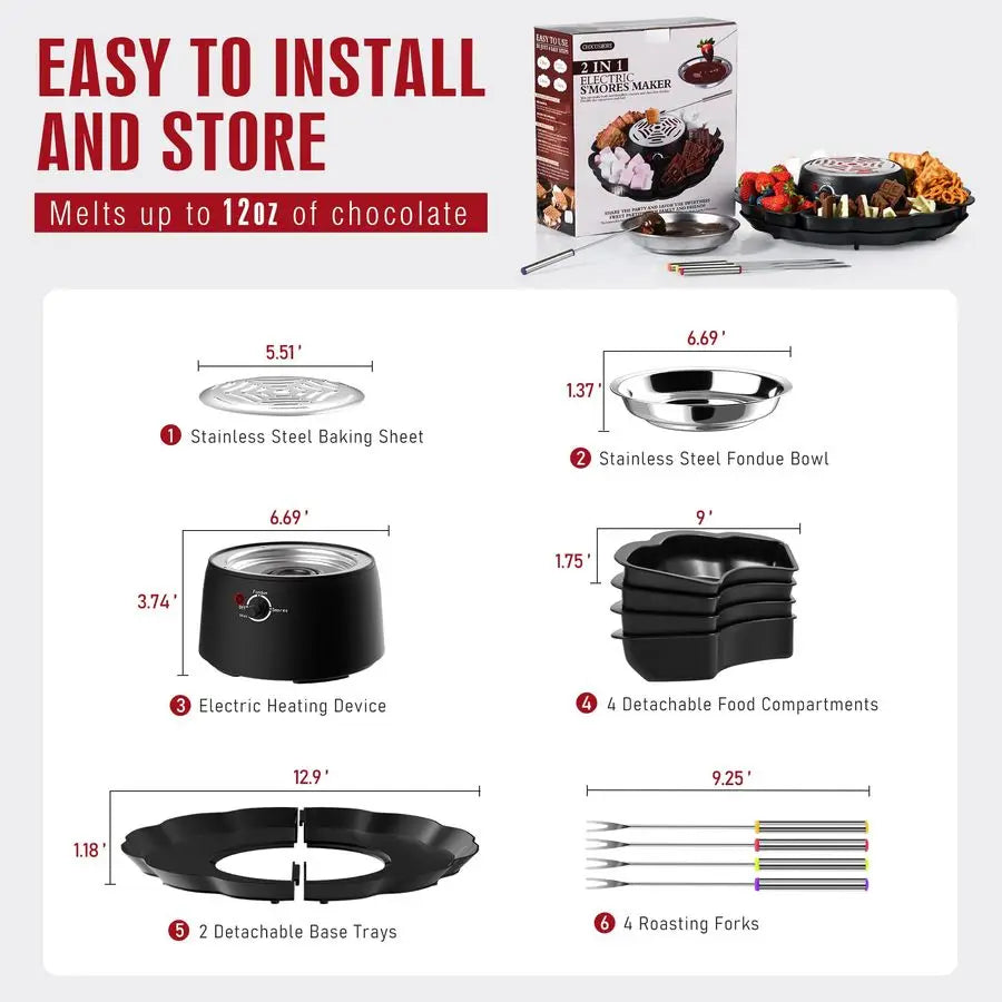 Fondue Pot & Smores Maker, Electric Tabletop Indoor kit w/ 4 Forks, 4 Trays