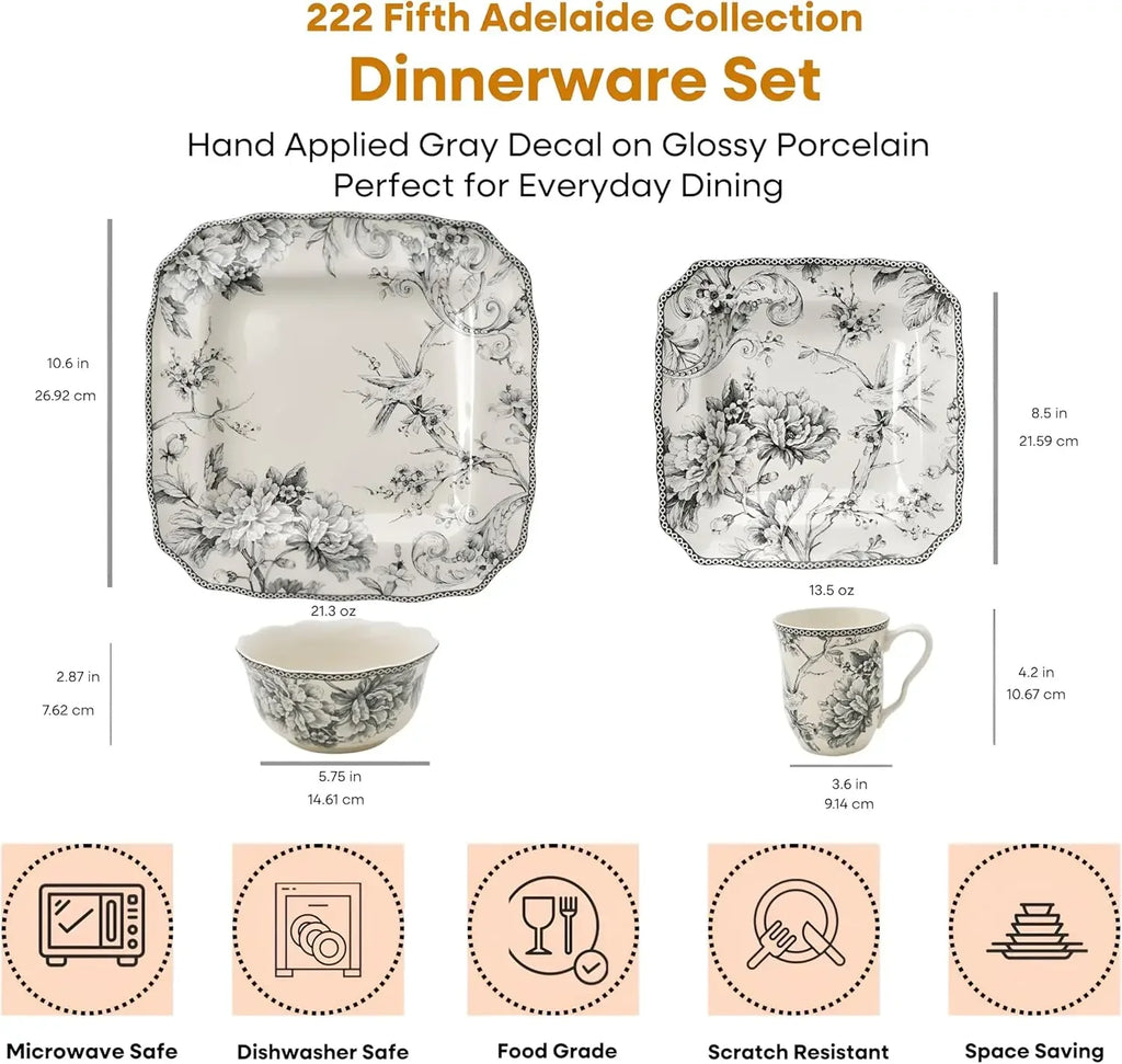 Adelaide 16-Piece Square Floral Dinnerware Set – Service for 4, Grey & White Porcelain Plates & Bowls, for Everyday Dining & Ent