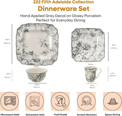 Adelaide 16-Piece Square Floral Dinnerware Set – Service for 4, Grey & White Porcelain Plates & Bowls, for Everyday Dining & Ent