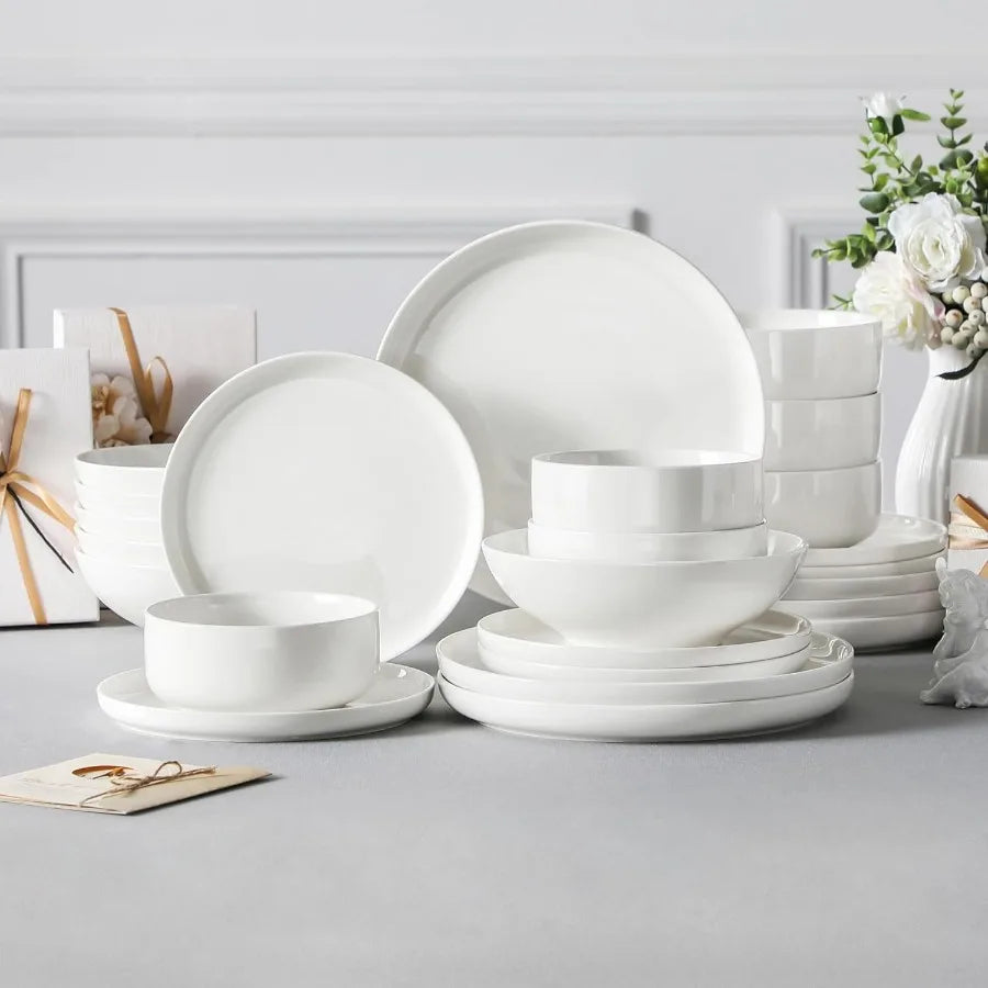 MALACASA Plates and Bowls Sets 24 Pieces Modern Porcelain Dinnerware Set for 6 Ceramic Dishware Dishes White Kitchen Dinner Din