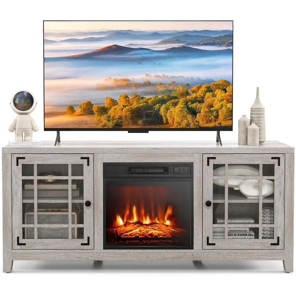 Electric Fireplace Stand with 18 Center, Remote & Thermostat, Adjustable Shelves for Home Entertainment Customized