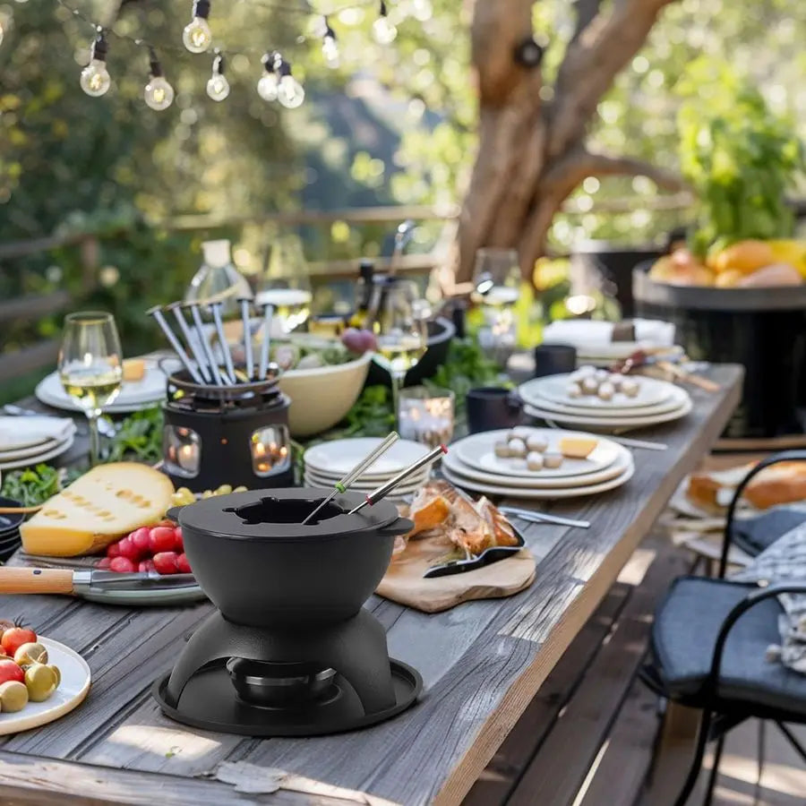 Fondue Pot, Black Cast Iron 5-Cup 6 Forks