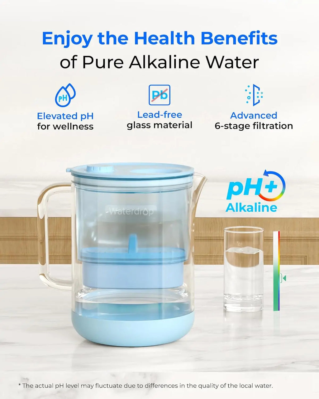 Water Filter Pitcher, 7-cup Glass, Contaminants, Alkaline