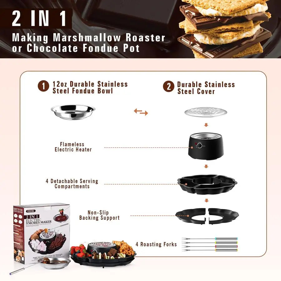 Fondue Set, Smores Maker Electric Tabletop Indoor Kit, 4 Trays & Forks