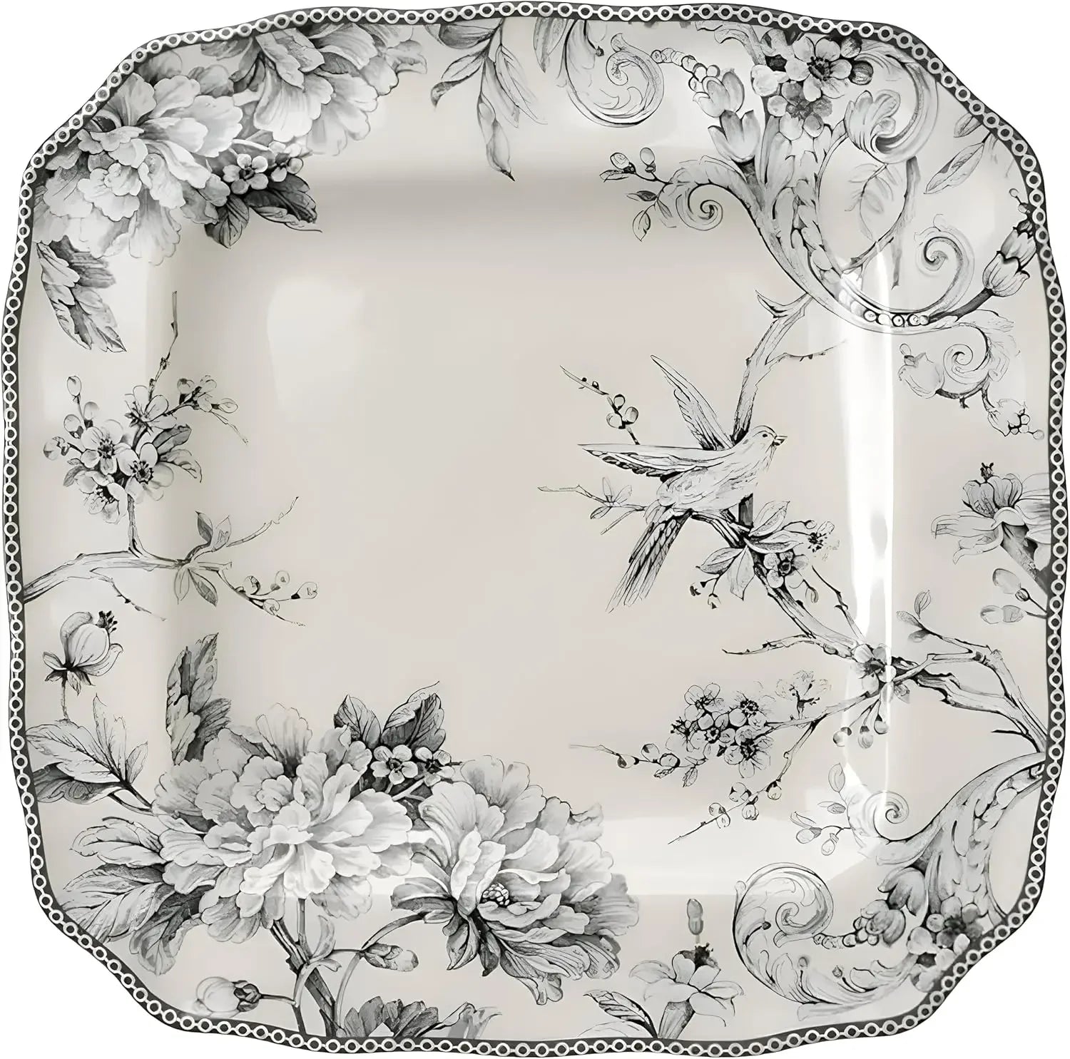 Adelaide 16-Piece Square Floral Dinnerware Set – Service for 4, Grey & White Porcelain Plates & Bowls, for Everyday Dining & Ent