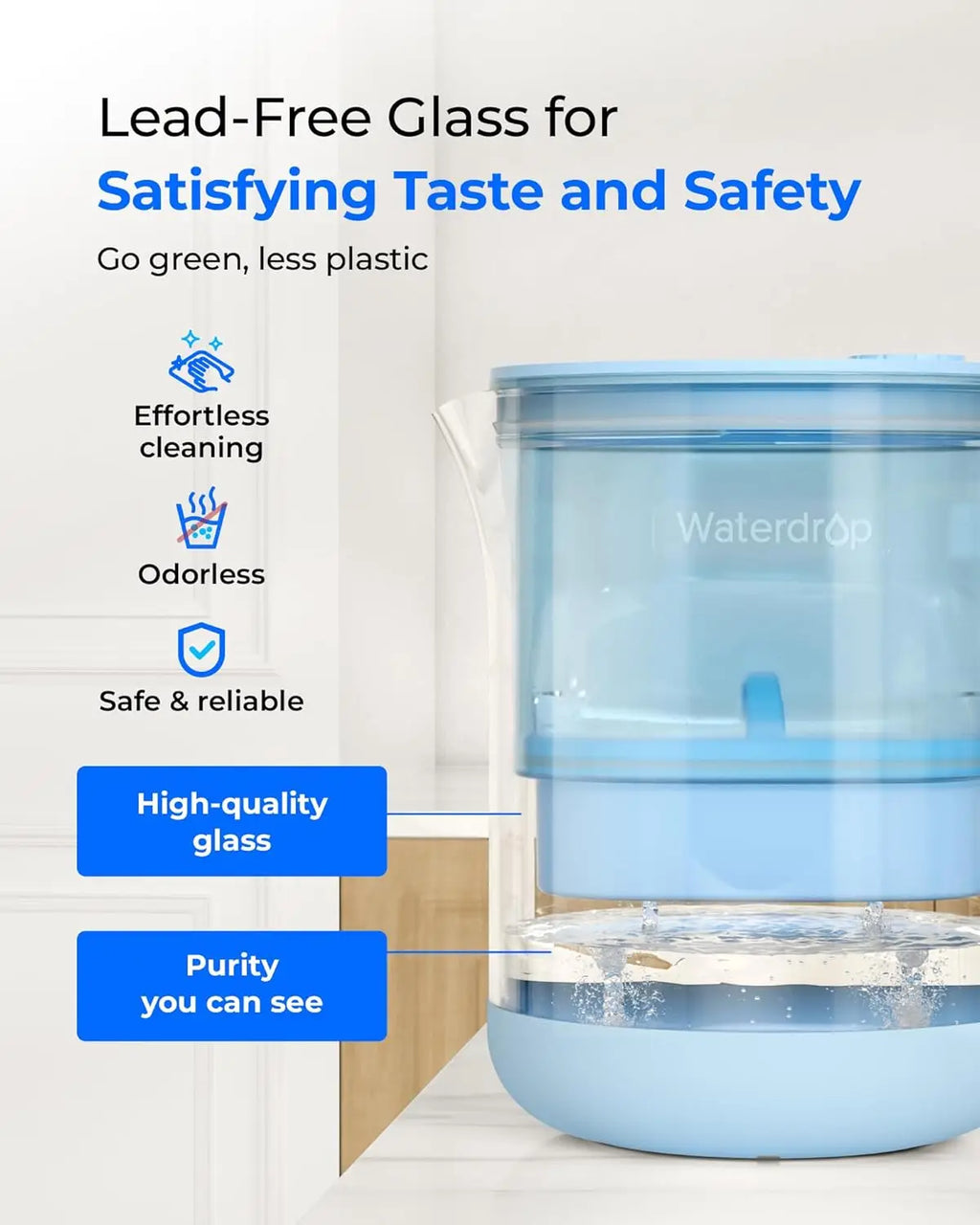 Water Filter Pitcher, 7-cup Glass, Contaminants, Alkaline