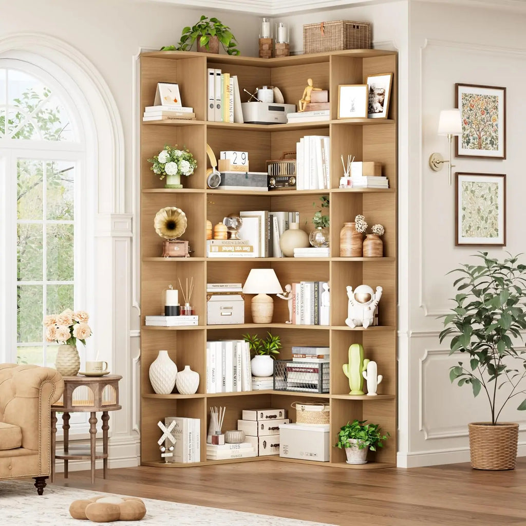 74” Tall Corner Bookshelf, 6-Tier Bookshelf and Bookcase with Open Storage, L Shaped Tall Bookcases Wooden Storage, Customized