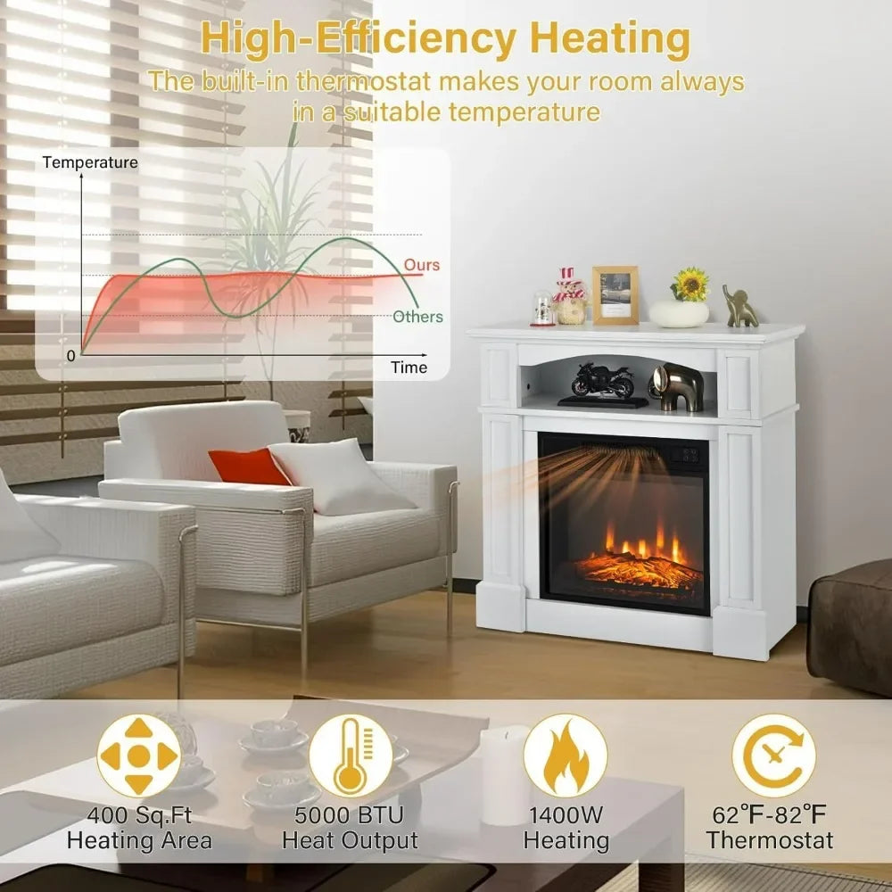 32 Inch Freestanding Electric Fireplace with Mantel, Realistic Flame, Thermostat, 3-Level Brightness, and Remote Control
