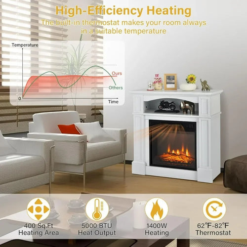 32 Inch Freestanding Electric Fireplace with Mantel, Realistic Flame, Thermostat, 3-Level Brightness, and Remote Control