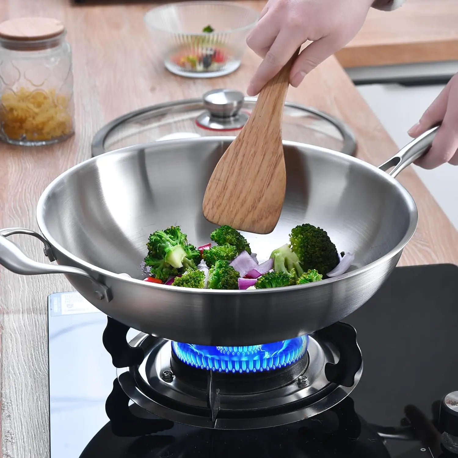 Wok w/ Glass Lid, 13-In Stainless Steel Induction Compatible, Dishwasher Safe