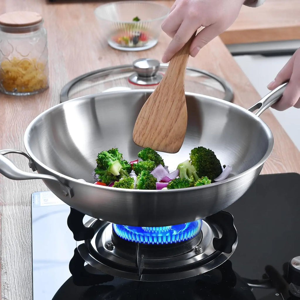 Wok w/ Glass Lid, 13-In Stainless Steel Induction Compatible, Dishwasher Safe