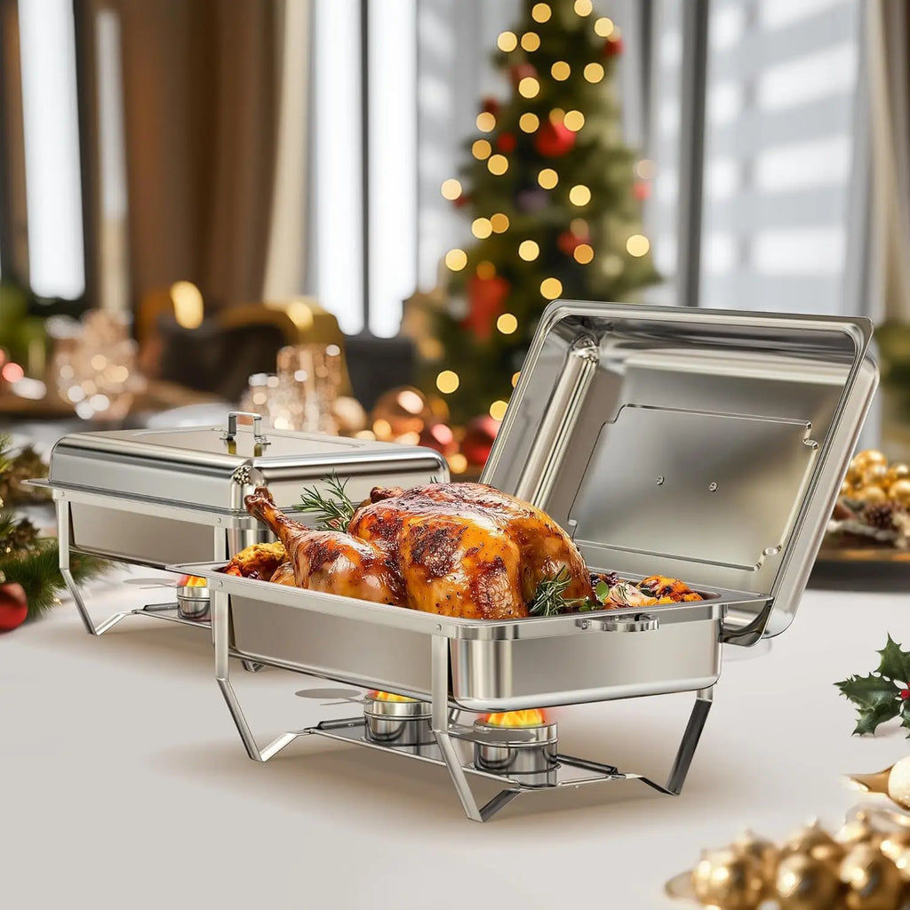 Warmounts 8QT 2/4/6/8 Pack Grid Pans Rectangle Chafing Dish Food-Grade Stainless Steel Catering Buffet Food Meal Plates