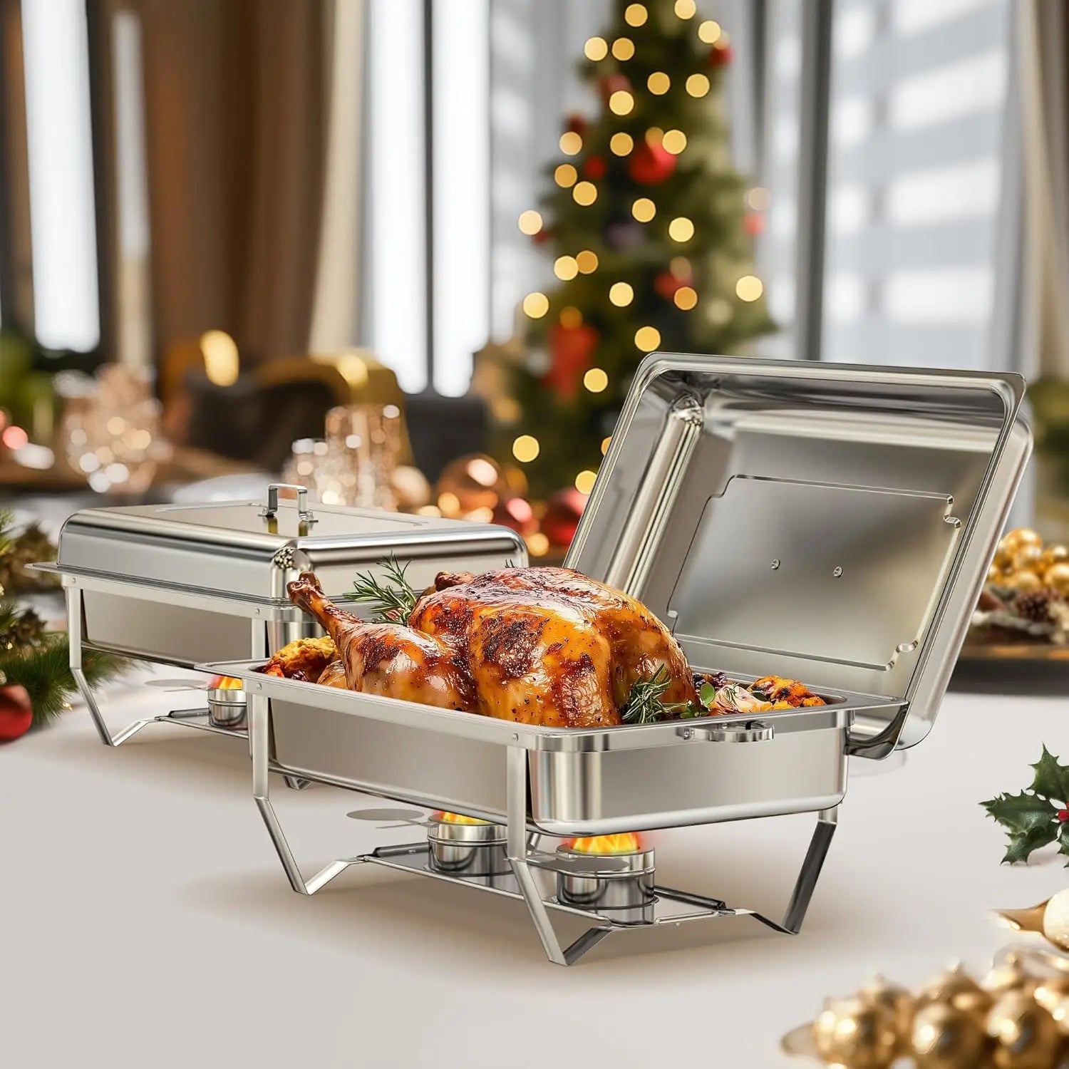 Warmounts 8QT 2/4/6/8 Pack Grid Pans Rectangle Chafing Dish Food-Grade Stainless Steel Catering Buffet Food Meal Plates