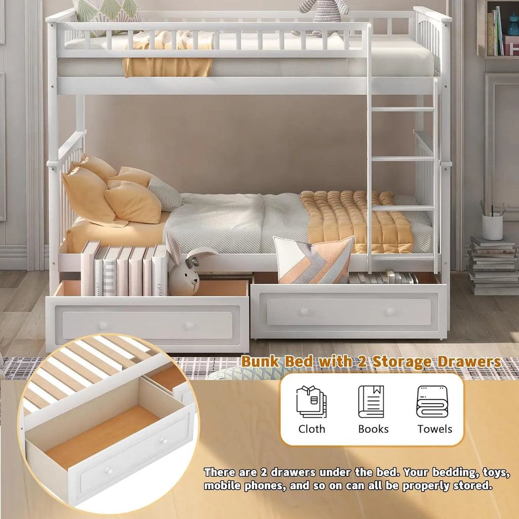 Convertible Twin Bunk Bed with Storage Drawers & Ladder Separates into Two Daybeds Wood Frame White Customized