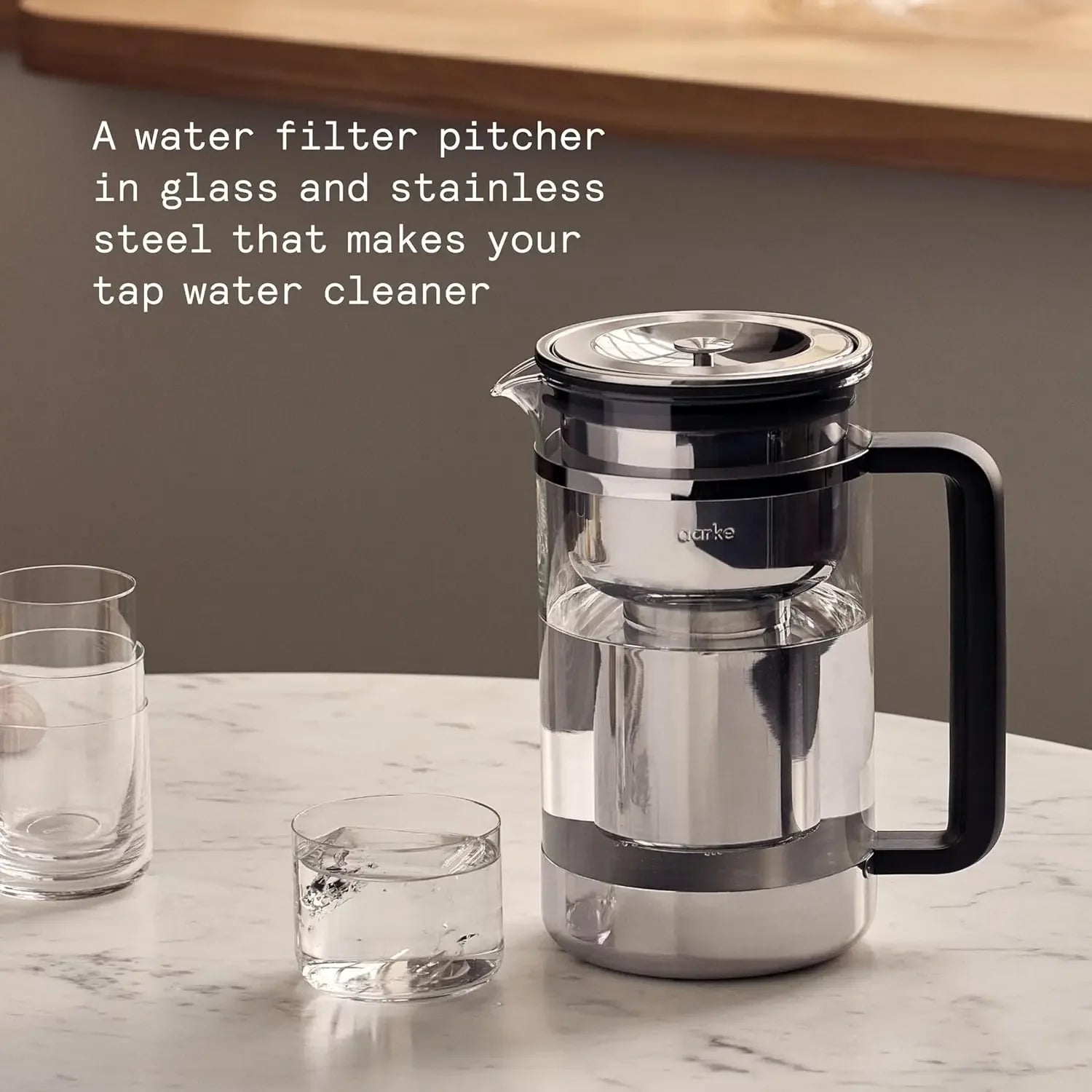 Water Filter Pitcher, Glass Stainless Steel, limescale, chlorine, copper 7-cups