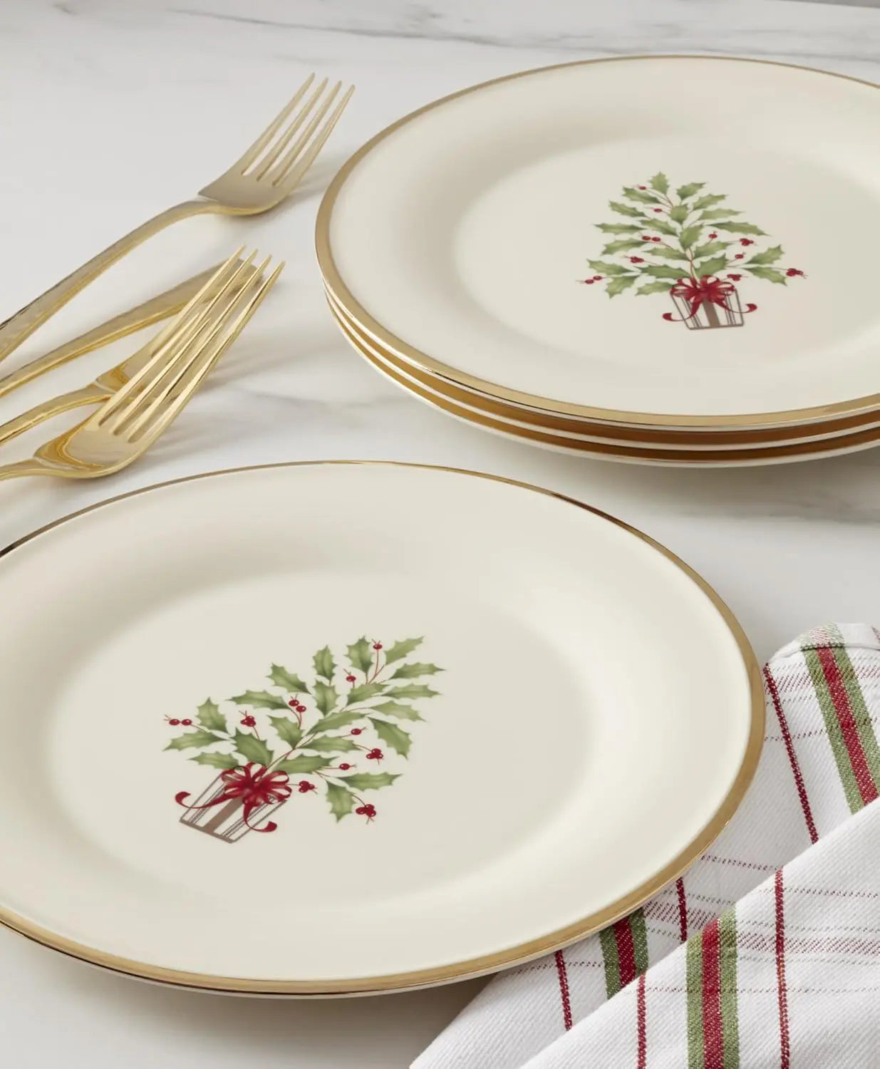 Holiday Tree Accent Plates, Service for 4, Christmas Dishes Dinnerware Set