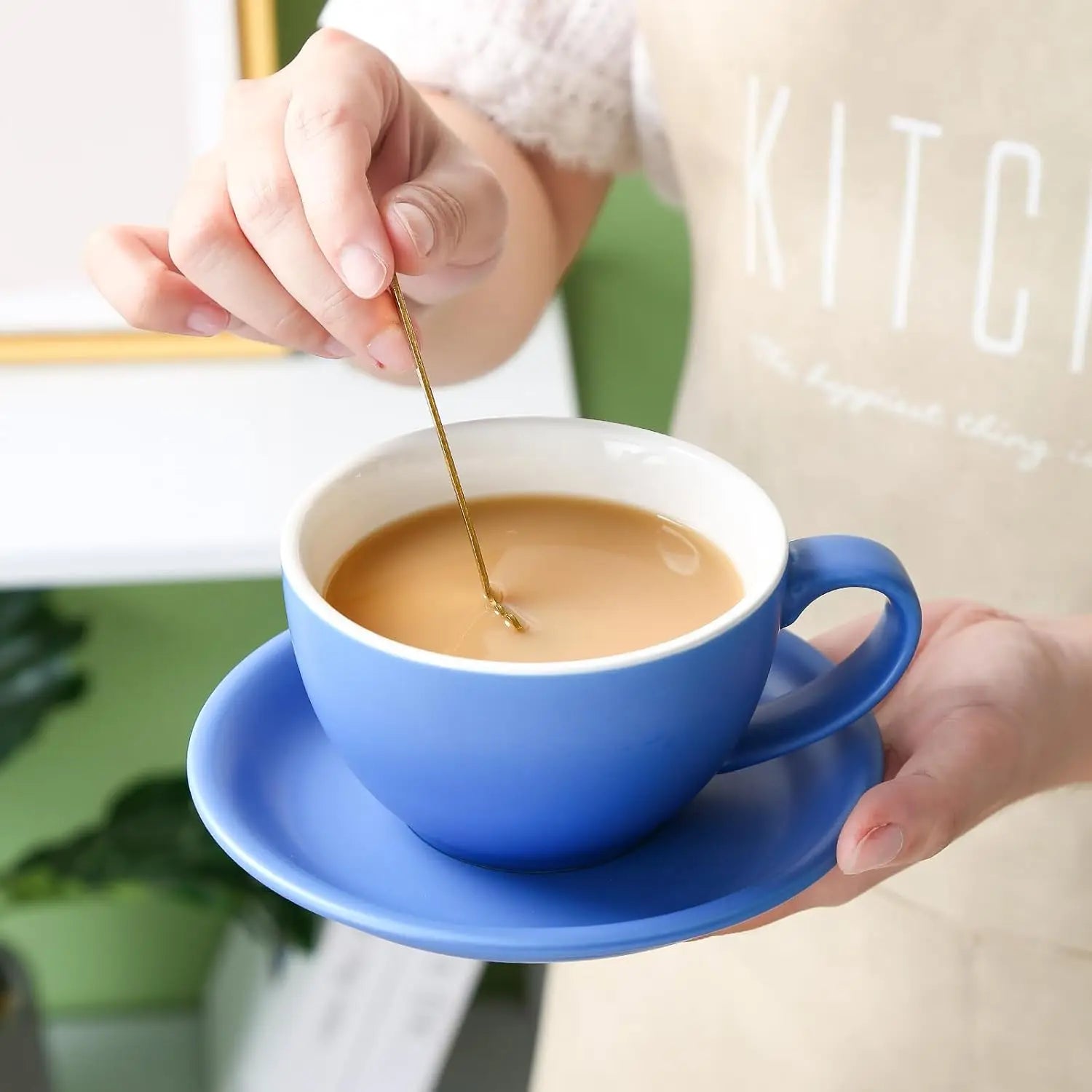 Latte Cup and Saucer, Ceramic 10 oz for Set of 4