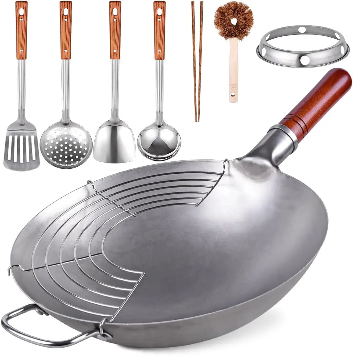 Wok Pan Set w/ 8 Accessories, 13.4 Steel Round Bottom