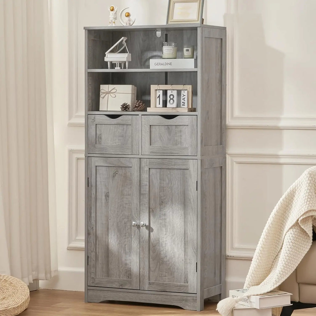 Tall Storage Cabinet with 2 Drawers, Adjustable Shelf, and Doors for Bathroom, Kitchen, Living Room - Grey