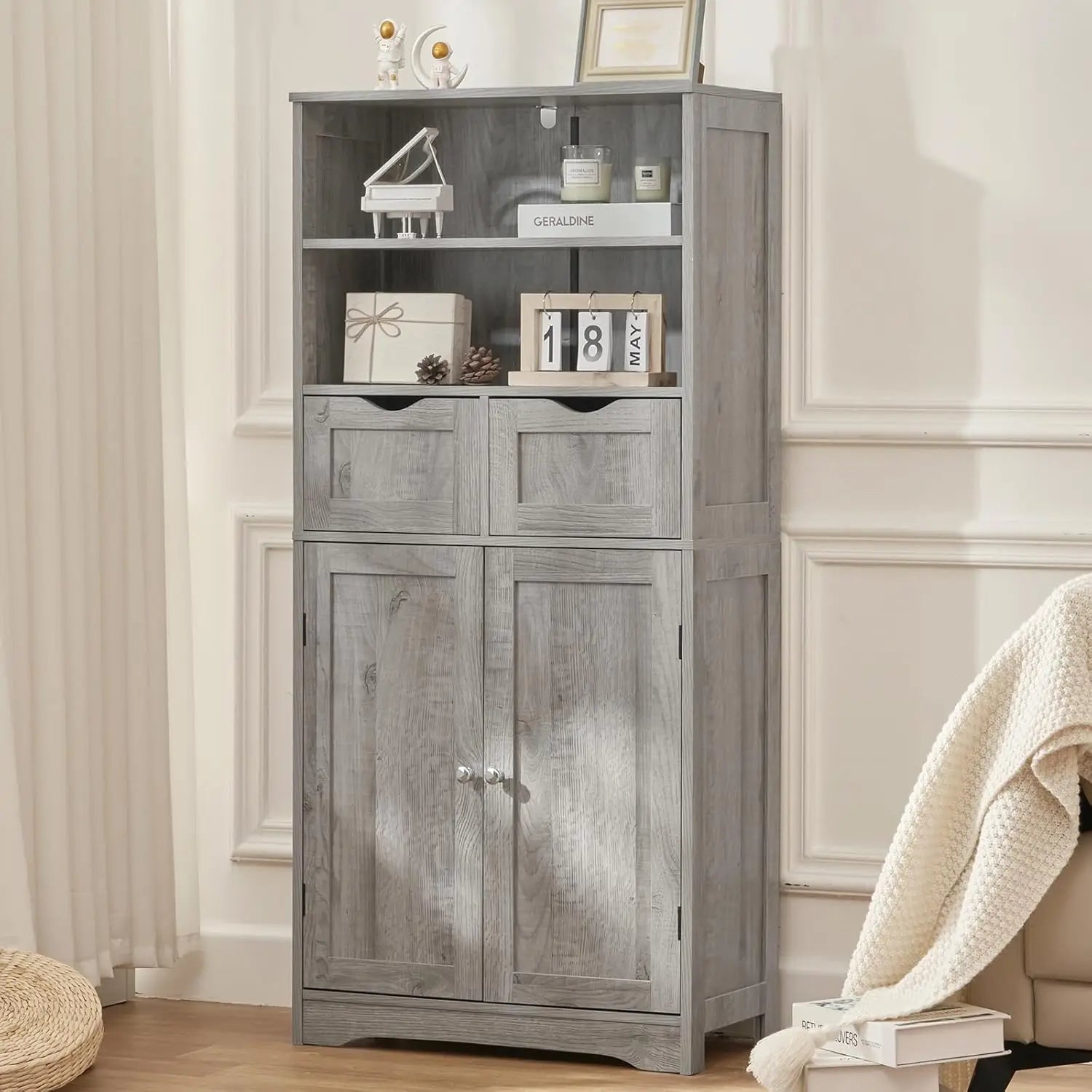 Tall Storage Cabinet with 2 Drawers, Adjustable Shelf, and Doors for Bathroom, Kitchen, Living Room - Grey