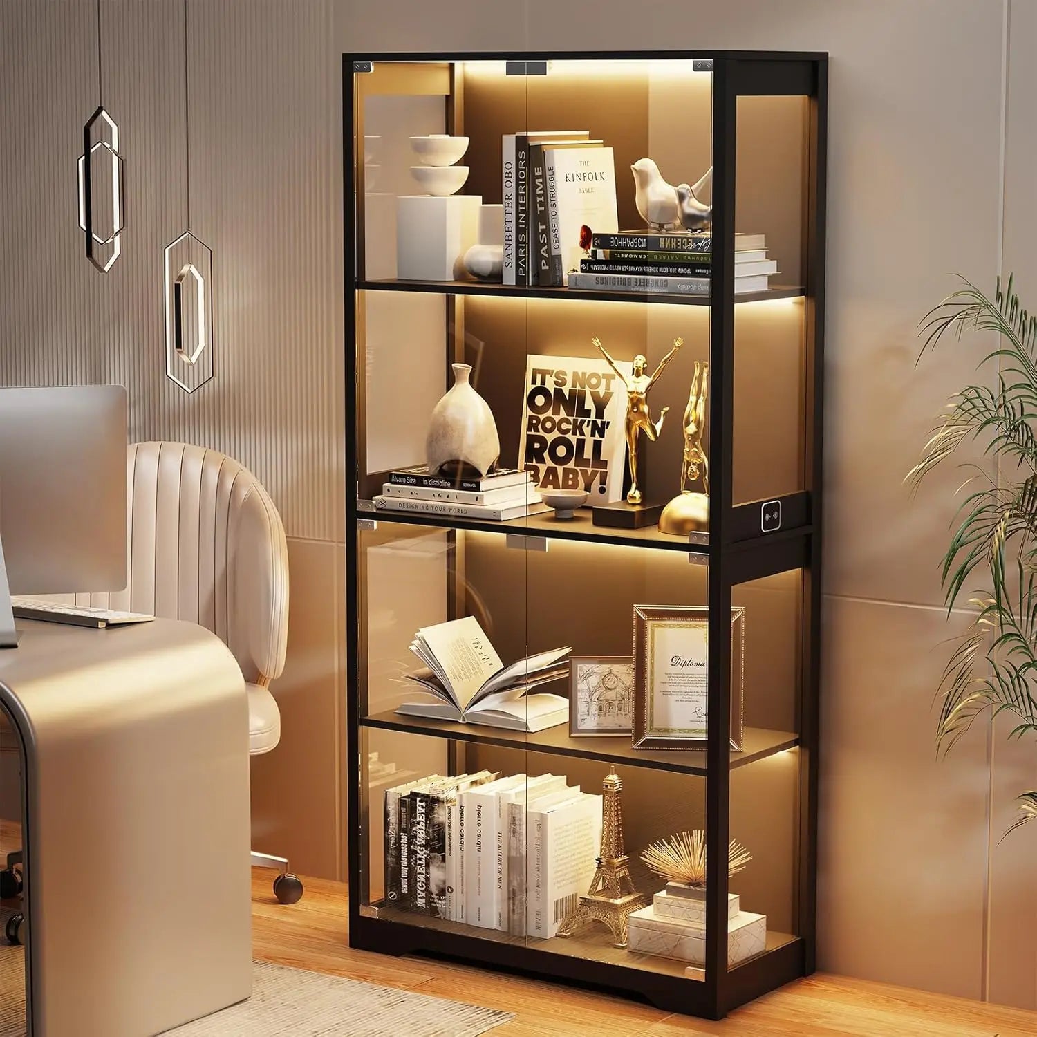 Display Cabinet with Glass Doors, 4-Tier Curio Cabinet with 3 Color Lights for Collectibles, Glass Display Case, Customized