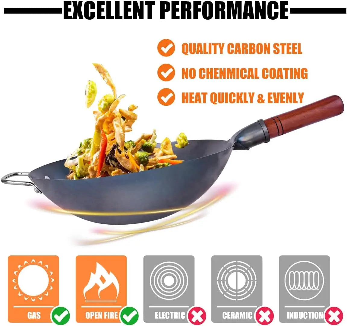 Wok Pan w/ 8 Accessories, 13.4 Steel Round Bottom