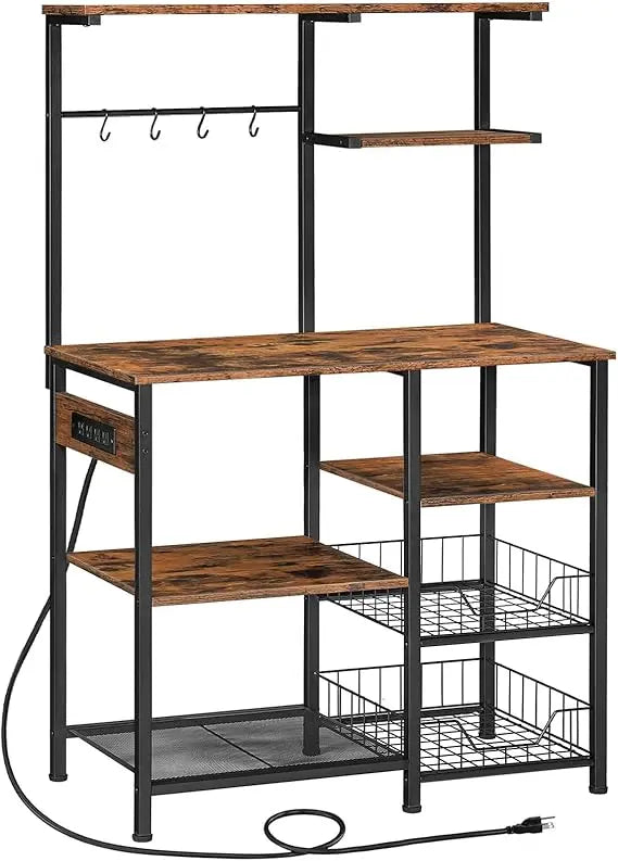 HOOBRO Large Bakers Rack with Power Outlets, 6-Tier Microwave Stand with 4 Hooks, Coffee Bar, Kitchen Shelf with Wire Basket, fo