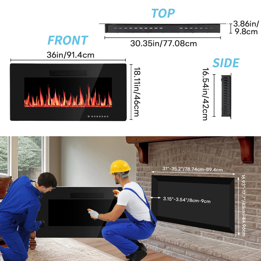 Electric Fireplace, 36" Wall Mounted, Quiet Ultra thin