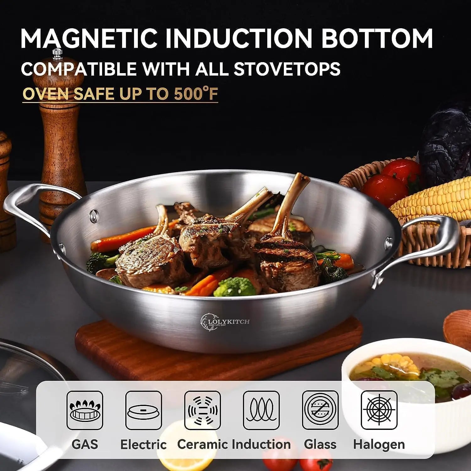 Wok w/ Glass Lid, 13-In Stainless Steel 5.5 Qt Induction Pot, Dishwasher & Oven Safe