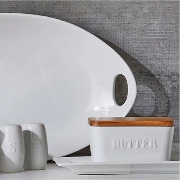 Butter Dish, Acacia & White Porcelain Embossed