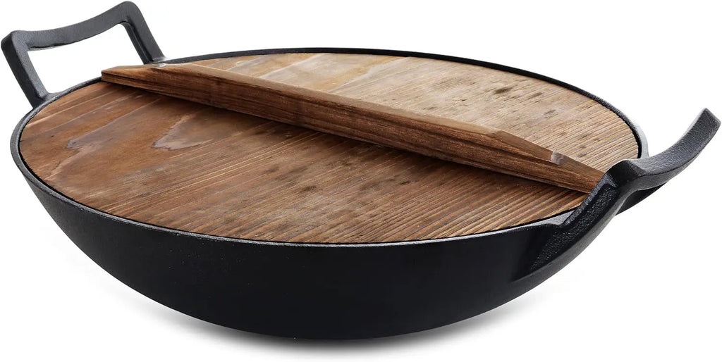 Wok w/ Lid 14 In Pre-Seasoned Cast Iron